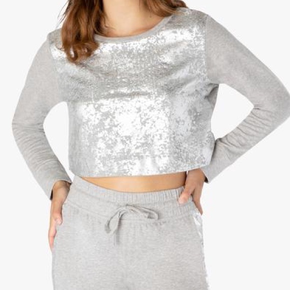 Beyond Yoga Silver and Gray Sequin Sweatshirt and Pants set - Picture 1 of 16